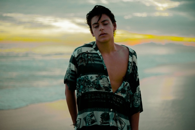 Ein Mann mit weit aufgeknöpftem Hawaiihemd an einem Strand.