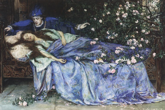 Ein Gemälde von Dornröschen und dem Prinzen, Maler: Henry Meynell Rheam