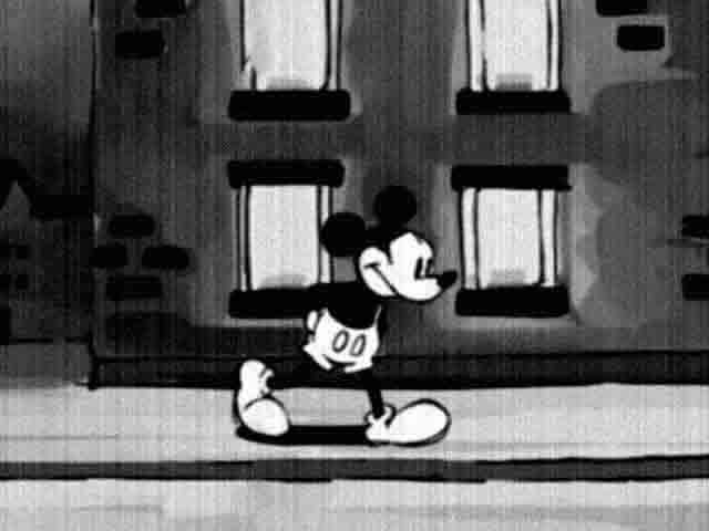 Eine Schwarz-weiß-Zeichnung von Micky Maus, die eine Straße entlangläuft.