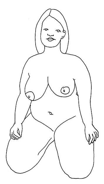 Zeichnung einer knienden, nackten Frau. Ihre Hände liegen auf den Oberschenkeln.