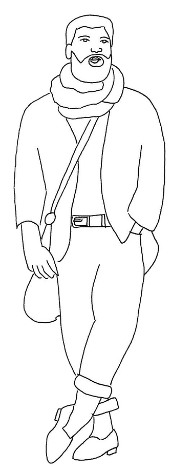 Zeichnung eines Mannes mit. Schal und Umhängetasche