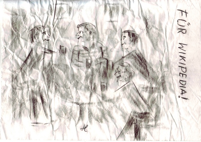 Eine Bleistift-Zeichnung von Jan Loh: 4 Männer an einem Tisch. Sie sind im Profil abgebildet. Daneben der Schriftzug: Für Wikipedia!
