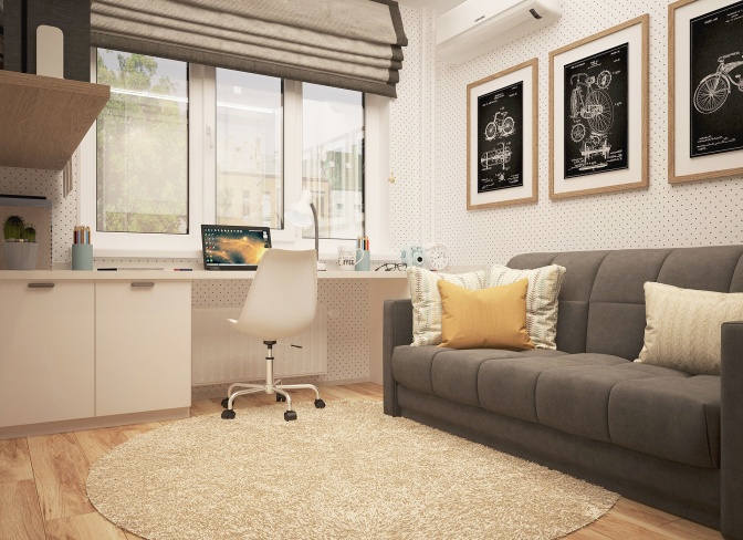 Ein Jugendzimmer mit hellen Wänden, einer Couch und einem Schreibtisch.