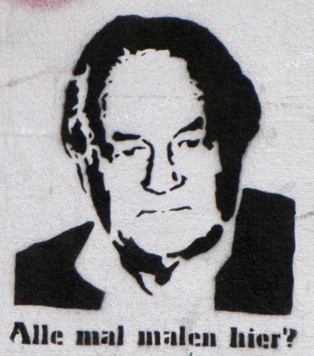 Ein Graffiti von Jan Loh, unter seinem Portrait steht: Alle mal malen hier?