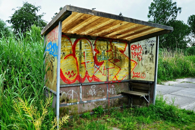 Eine Bushaltestelle im Grünen. Alle Wände sind mit Graffittis besprüht.