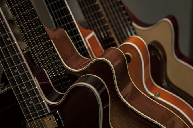 5 E-Gitarren stehen in einer Reihe. Sie sind aus verschiedenen Hölzern und haben verschiedene Formen.