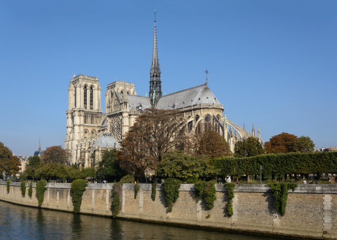 Eine Außenaufnahme der Kathedrale von Notre Dame. Im Vordergrund sieht man kleine Bäume. Der Himmel ist wolkenlos und blau.