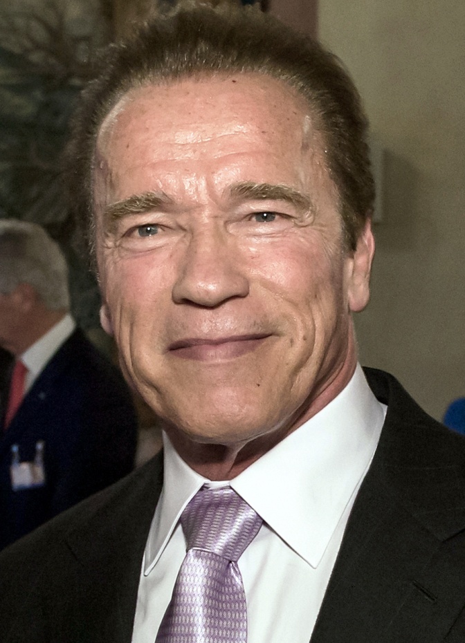 Arnold Schwarzenegger in Anzug, Hemd und Krawatte. Er lächelt.