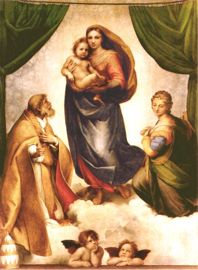 Ein Gemälde der Jungfrau Maria. Sie hält ihr Kind im Arm. Um sie herum sieht man Engel und Hirten.