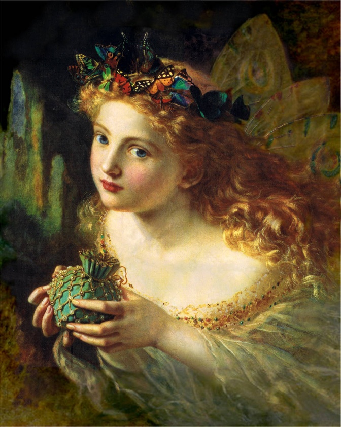 Ein Gemälde einer Frau mit langen, gelockten Haaren und mit einem Kranz aus Blumen und Schmetterlingen.