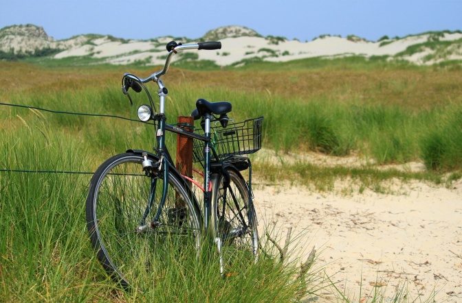 Ein Fahrrad in den Dünen von Norderney. Es lehnt an einem Zaun. Man sieht Gras und Sand.
