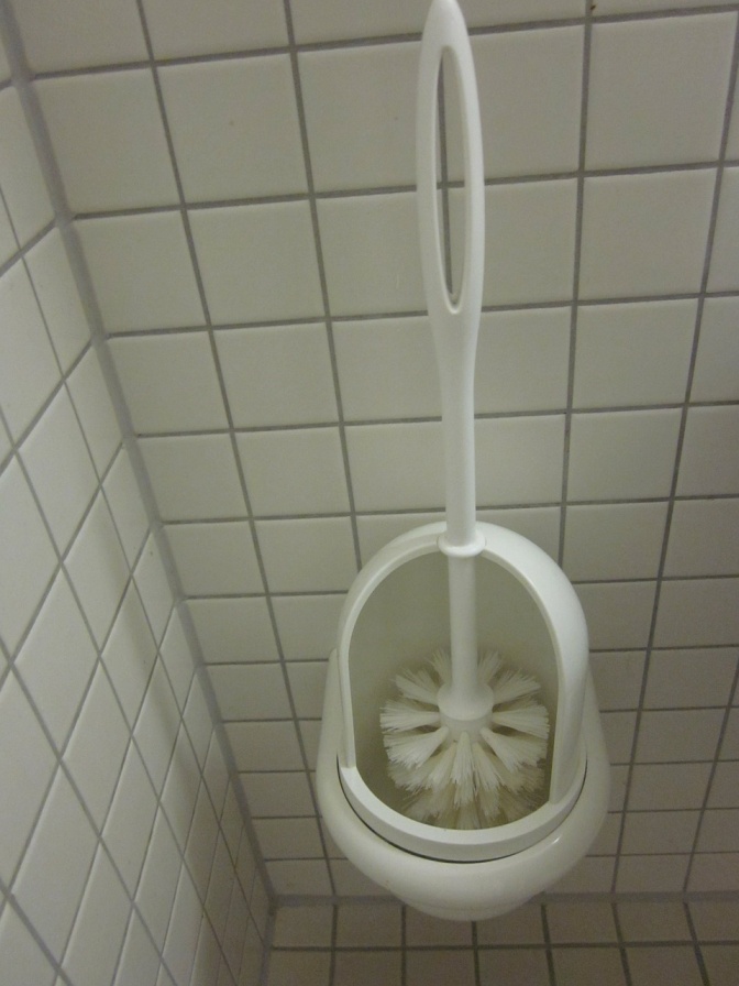 Eine Toilettenbürste im Halter vor gekacheltem Hintergrund