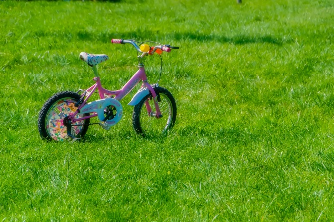 Ein buntes Kinder-Fahrrad steht auf einer grünen Wiese.
