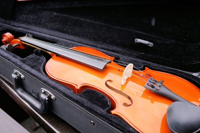 Eine Geige aus rötlichem Holz liegt in einem Geigenkasten.