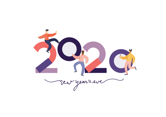 Ein gestalteter Schriftzug 2020 Happy New Year mit kleinen grafischen Figuren