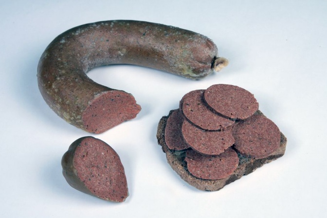 Ein Kringel Wurst, von dem mehrere Scheiben abgeschnitten wurden. Daneben ein mit Wurstscheiben belegtes Brot.