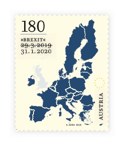 Eine Briefmarke mit Europakarte. Großbritannien ist in einer anderen Farbe gedruckt.