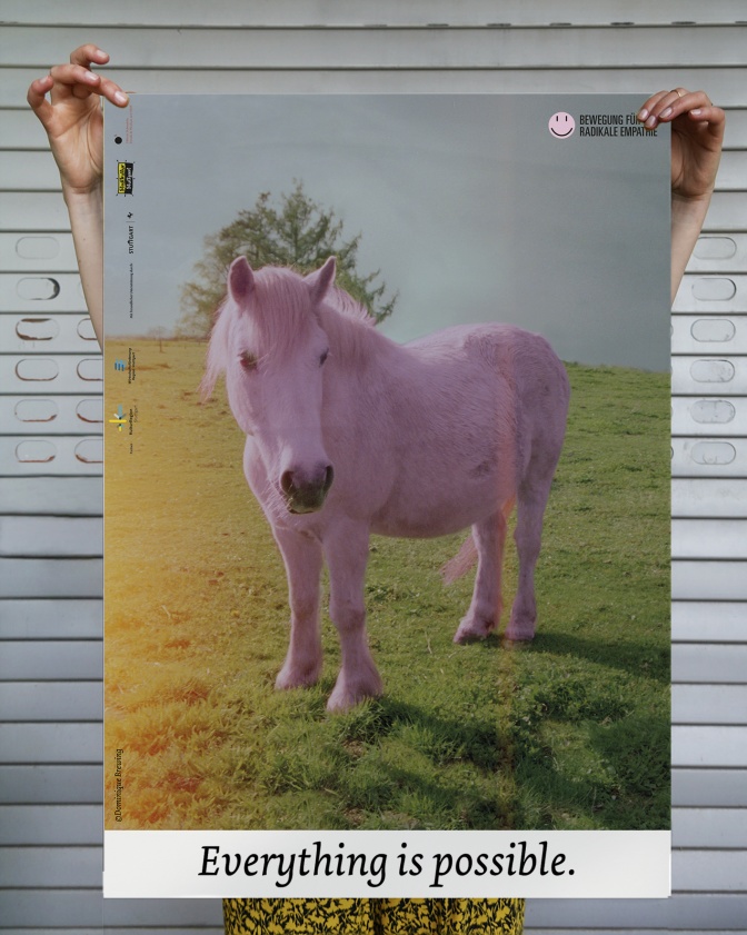 Ein rosafarbenes Pony auf einer Wiese. Darunter steht: Everything is possible. Das heißt übersetzt: Alle ist. möglich.
