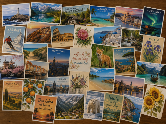 Viele Postkarten mit verschiedenen Motiven