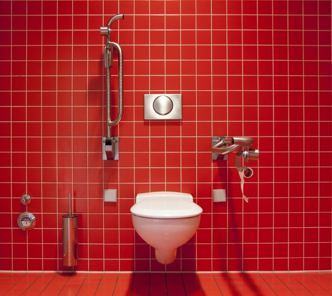 Eine Toilette in einem rot gekachelten Bad. Neben dem Klo gibt es einen Griff, um sich an der Wand festzuhalten.