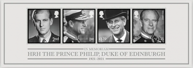 Ein Set von 4 Briefmarken mit schwarz-weiß-Fotos von Prinz Philip in verschiedenen Lebensaltern