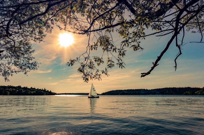Ein kleines Segelboot auf einem See in der Sonne