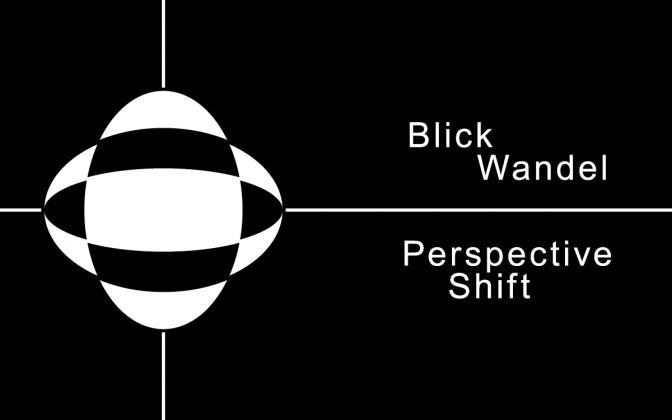 Eine schwarz-weiße Grafik, rechts davon stehen die beiden Begriffe BlickWandel und Perspektive Shift