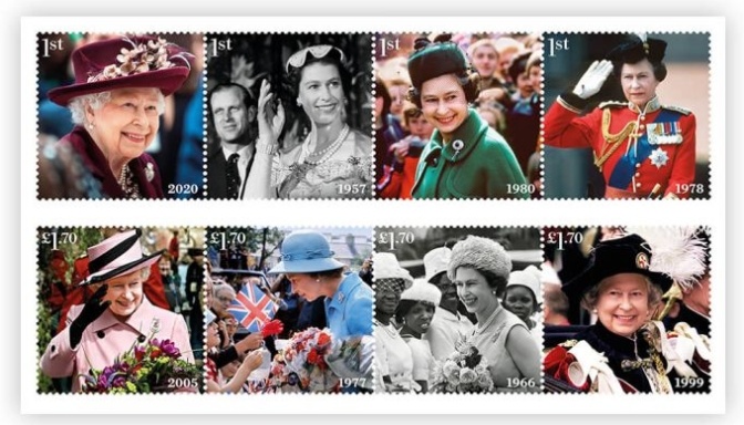 8 Briefmarken im Wert von 1 Pfund und 1,70 Pfund mit Fotos der Queen