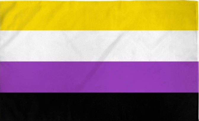 Eine Flagge mit Querstreifen in den Farben gelb, weiß, lila und schwarz