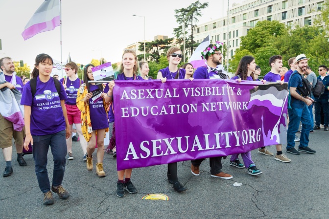 Asexuelle Menschen verschiedener Geschlechter bei einer Parade. Sie tragen ein lilanes Banner, das Sichtbarkeit asexueller Menschen einfordert.