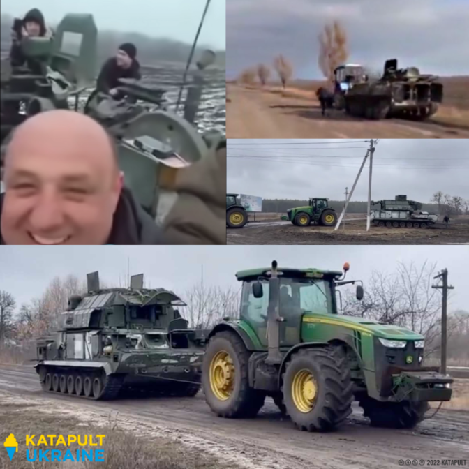 Fotos lachender ukrainischer Bauern mit gestohlenen Panzern