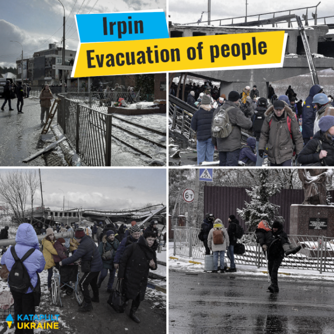 4 Fotos flüchtender Menschen mit kleinem Gepäck, die versuchen, die Stadt Irpin zu verlassen.