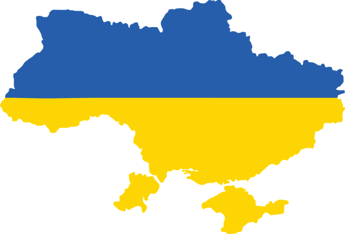 Eine Karte der Ukraine. Die obere Hälfte der Karte ist blau, die untere gelb, entsprechend der ukrainischen Flagge