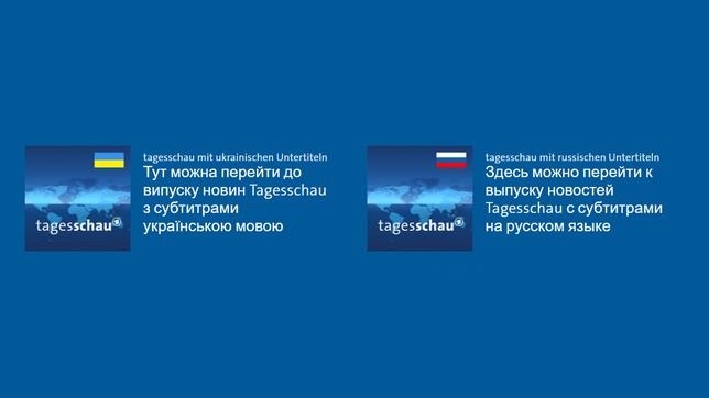 Eine blaue Weltkarte im Design der Tagesschau mit Logo, daneben Teasertexte in Russisch und Ukrainisch