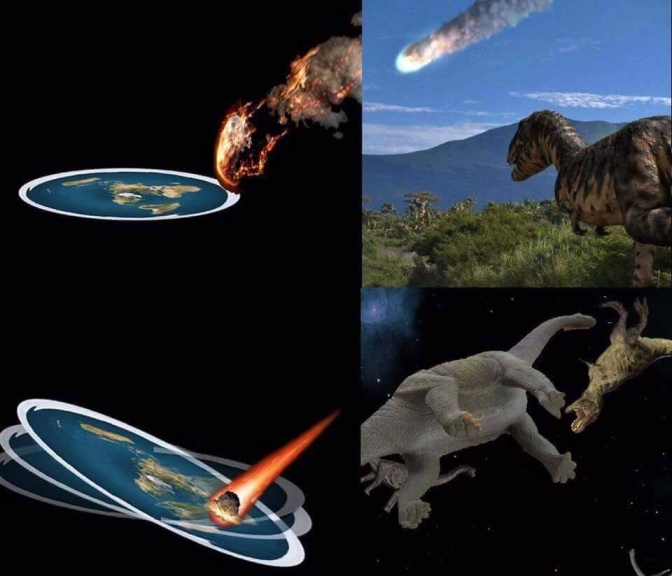 Ein Meteorit schlägt auf einer flachen Erdscheibe ein. Dinaosaurier flüchten vor dem Einschlag.