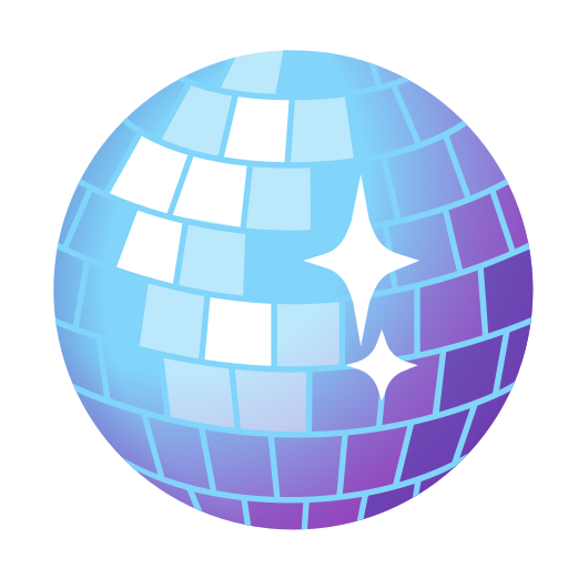 Ein Emoji einer Discokugel in türkis und lila. Sie glitzert.