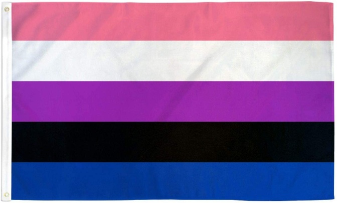 Eine Flagge mit Querstreifen in den Farben rosa, weiß, lila, schwarz und blau.
