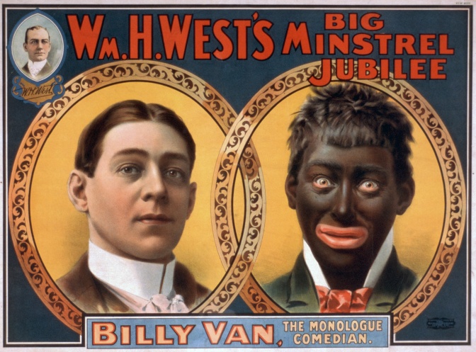 Gezeichnetes Filmplakat eines Mannes, einmal mit heller Haut, einmal schwarz geschminkt.