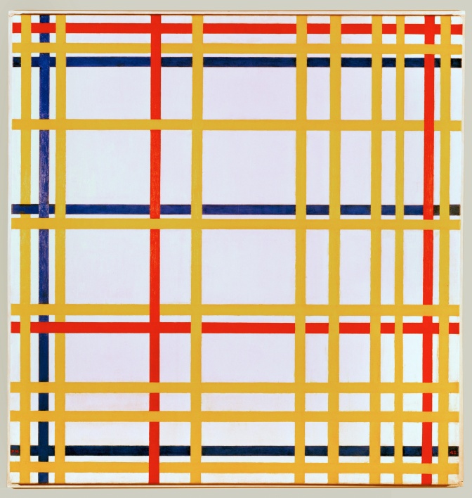 Ein Bild mit Linien in rot, gelb und schwarz, die verschieden große Quadrate bilden.