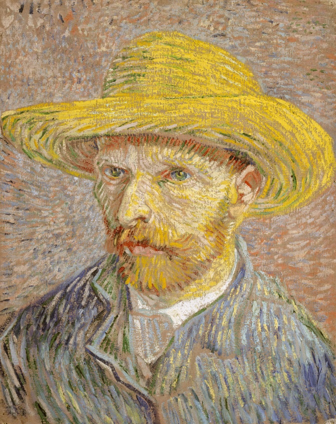 Ein Gemälde eines rothaarigen Mannes mit Vollbart und Hut. Das Gemälde ist aus vielen kleinen, farbigen Linien gemalt.
