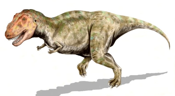 Ein Dinosaurier mit Haut in braun- und orange-Tönen. Er läuft aufrecht auf 2 Beinen. Er hat einen großen Kopf und kleine, kurze Arme.