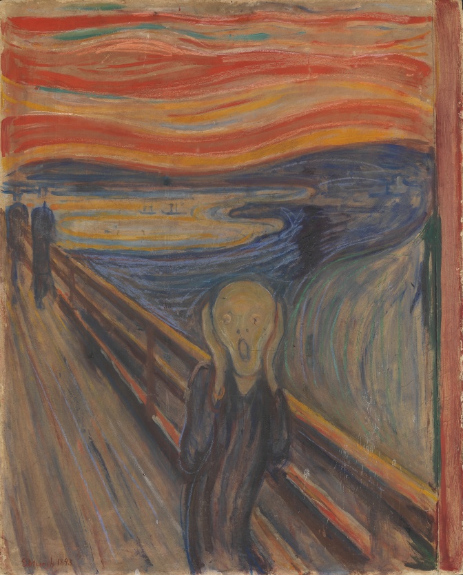 Ein Gemälde einer Person mit Glatze, die die Hände an die Wangen legt und mit weit geöffnetem Mund schreit