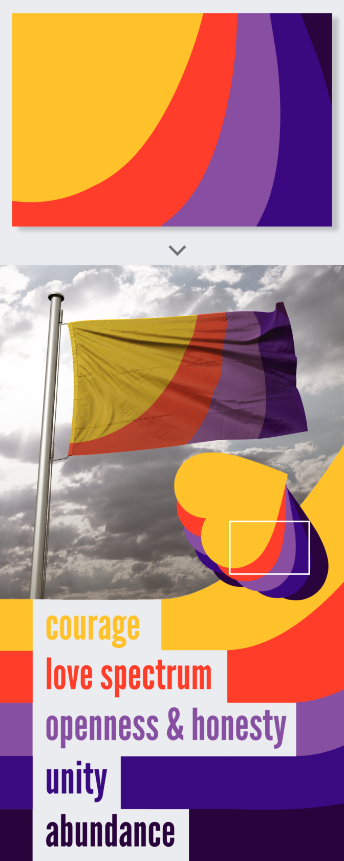 Eine Flagge mit Farbfeldern in einer geschwungenen Form. Die Felder sind, von links nach rechts, gelb, rot, helllila und dunkellila.