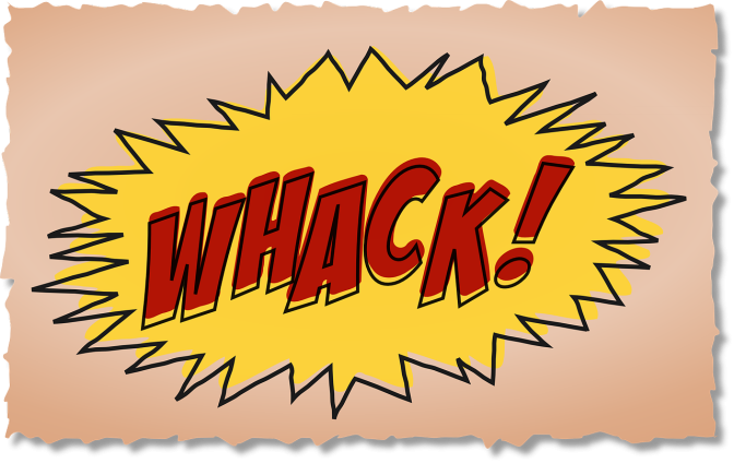 Ein Comicschriftzug des Wortes WHACK! in einer gelben Form mit Zacken auf rosafarbenem Hintergrund