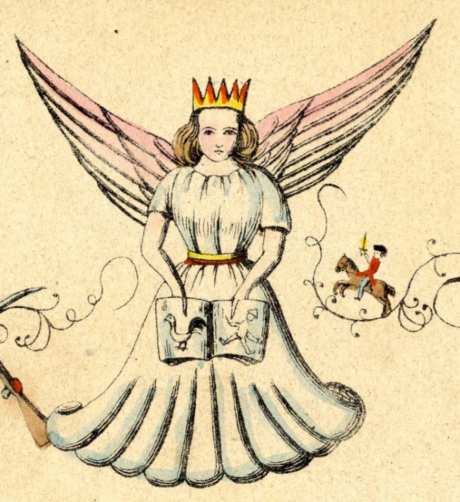 Zeichnung einer Frau im weiten Kleid mit Flügeln und einer Krone auf dem Kopf.