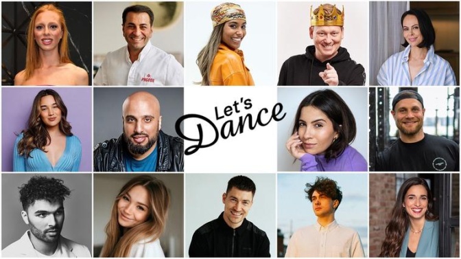 14 kleine Portraitfotos der Teilnehmer*innen, darüber der Schriftzug Let's Dance