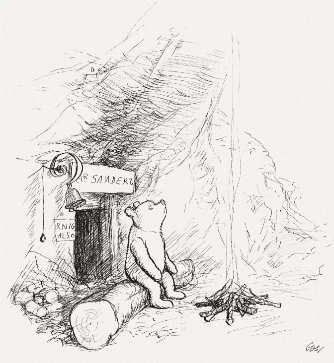 Bleistiftzeichnung eines Bären, der auf einem Baumstamm vor dem Eingang einer Höhle sitzt, vor sich ein Lagerfeuer.