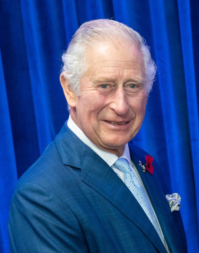 König Charles in einem blauen Anzug. Er hat weiße, über die Glatze frisierte Haare.