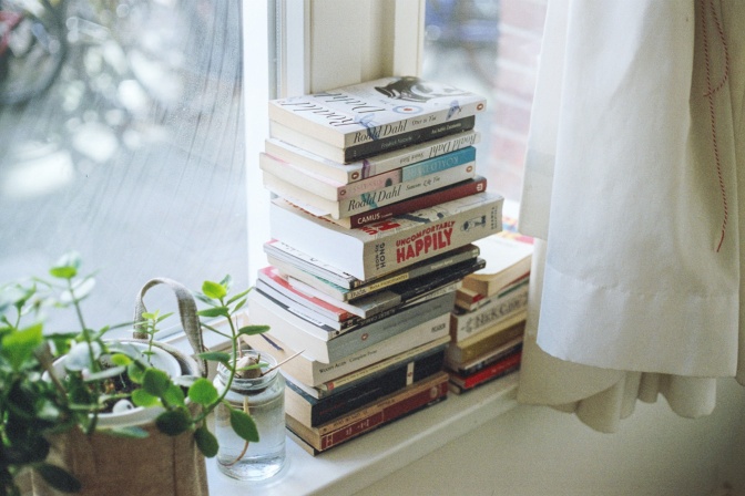 Ein Stapel an Büchern liegt auf der Fensterbank eines Fensters neben einer Topfpflanze