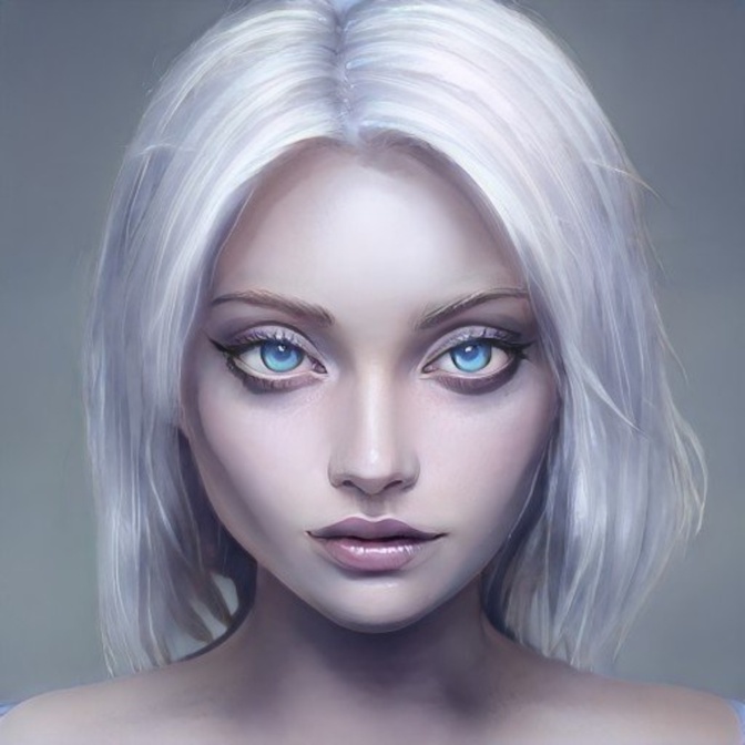 Ein computergeneriertes Gesicht mit sehr heller Haut und kinnlangen weißen Haaren mit Mittelscheitel.